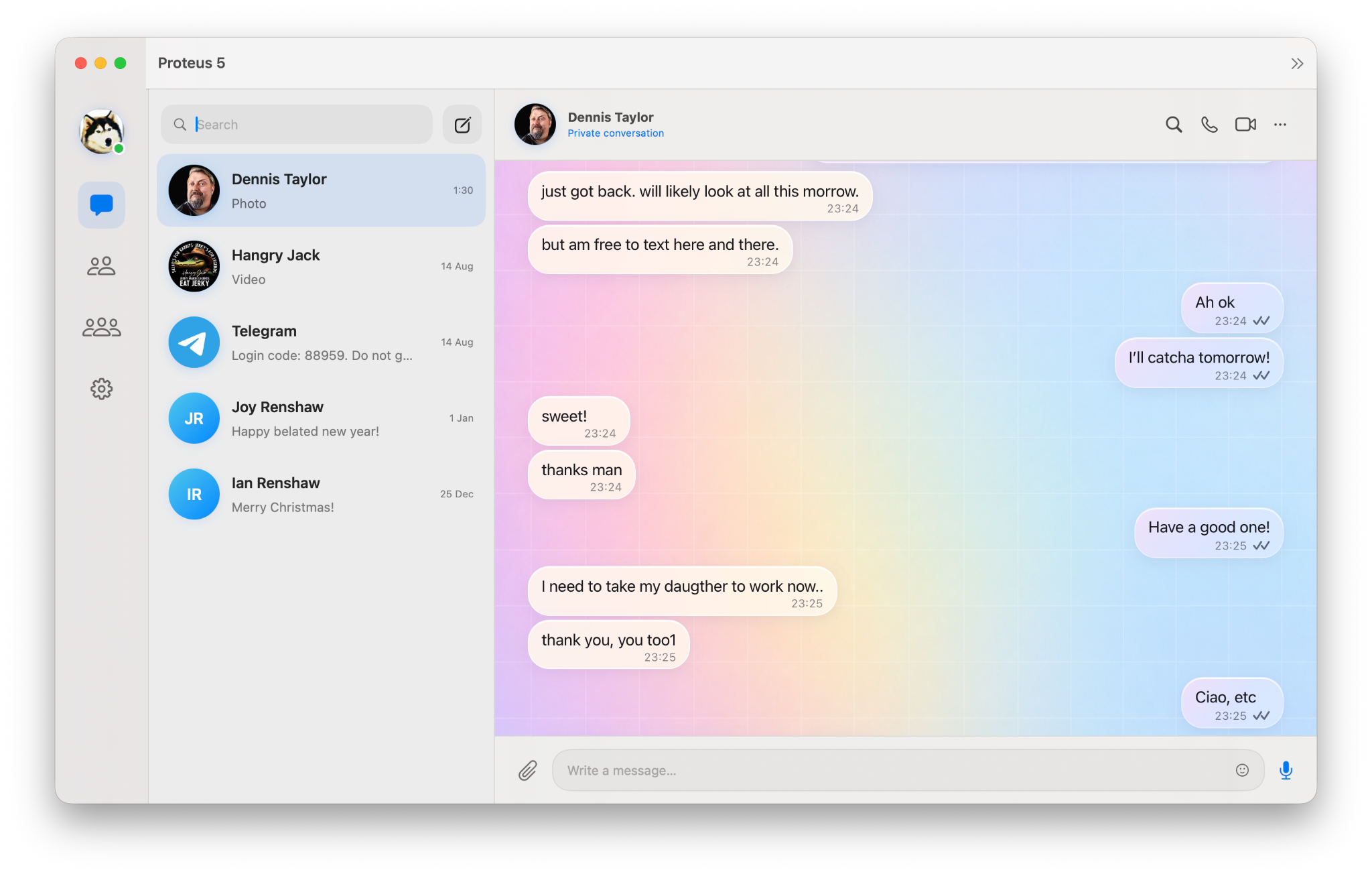 Powder Message View shown in a Proteus 5 conversation