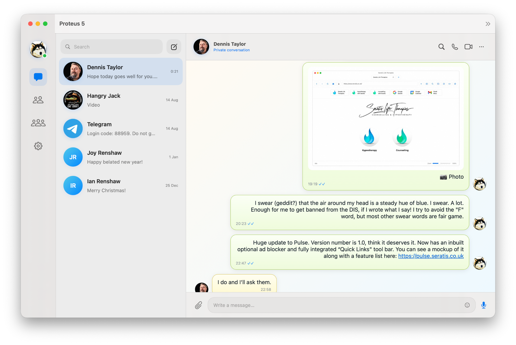 Proteus 5 conversation window showing multiple chats and a private conversation